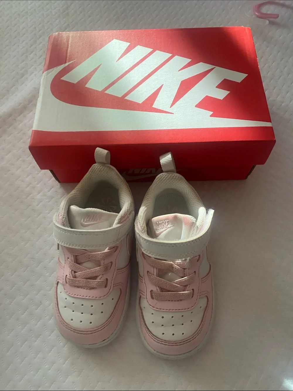 Nike Kids White and Pink Hook-and-Loop Sneakers